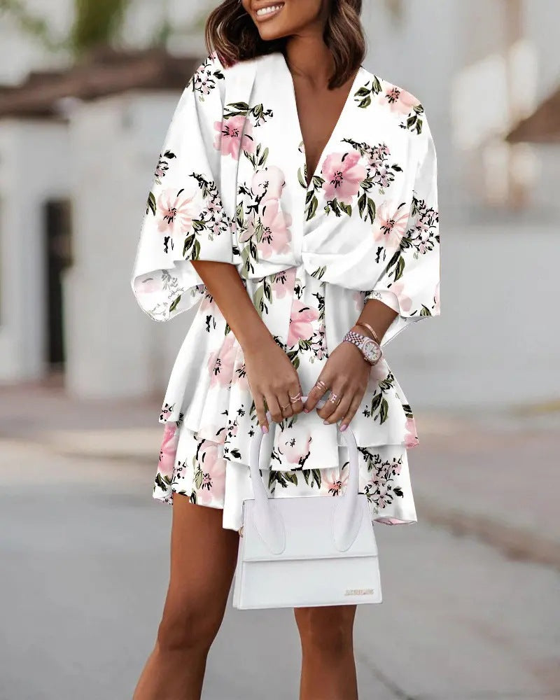 Women's Autumn Loose Batwing Sleeve Printed Dress