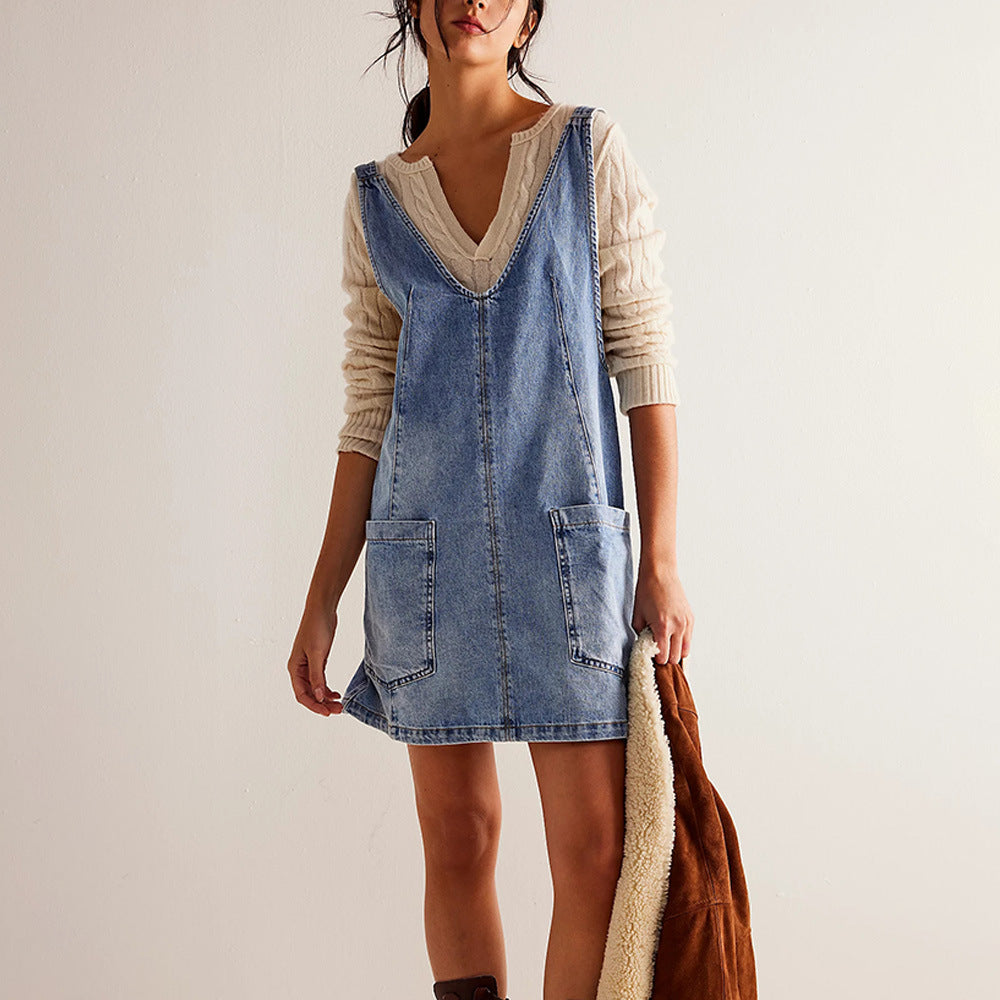 Women's Summer Denim Brace Pocket Adjustable Mini Dresses