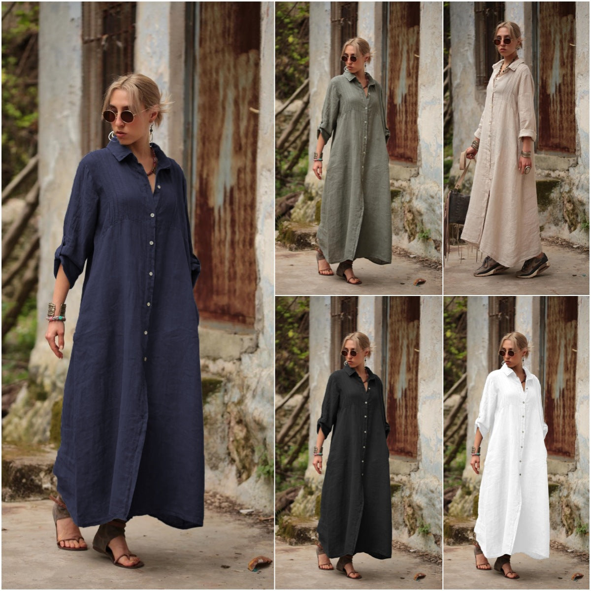 Solid Color Stand Collar Long Sleeve Dress