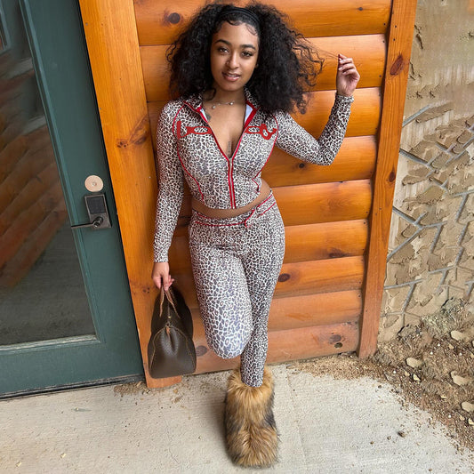 Women's Leopard Print Zipper Stitching Sports Tight Suits