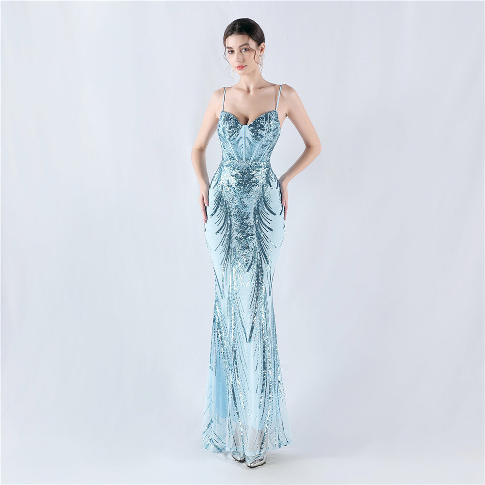 Shaping Waist Fishbone Sequined Positioning Flower Evening Dresses