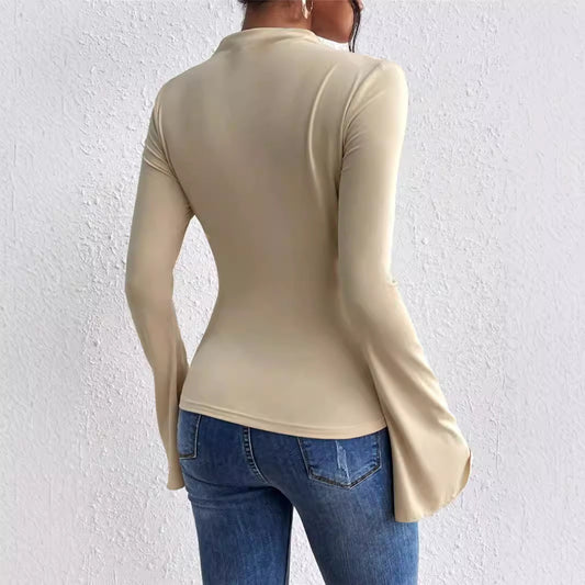 Women's Design Sense Bell Sleeve Stand-up Collar Slim Blouses