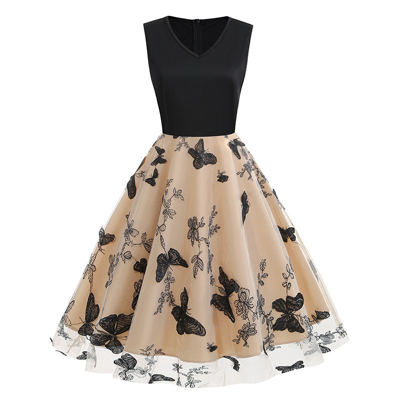 Sleeveless Mesh Butterfly Patchwork Retro Dress Dresses