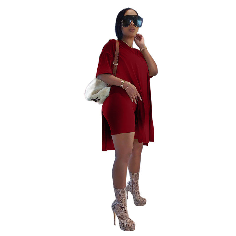 Summer Short-sleeved Solid Color Mid-length Split Suits