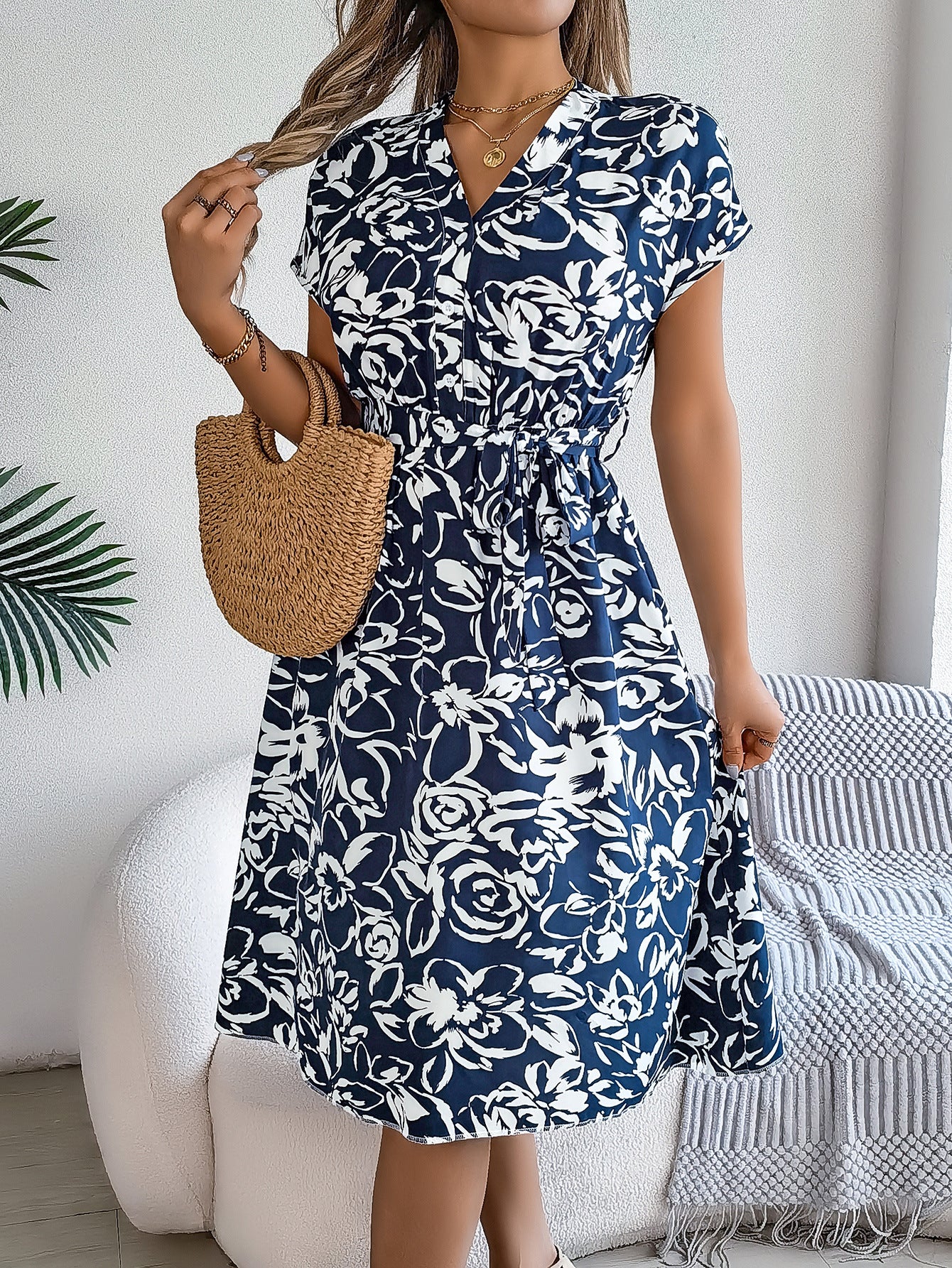 Women's Casual Button Batwing Sleeve Flower Swing Dress