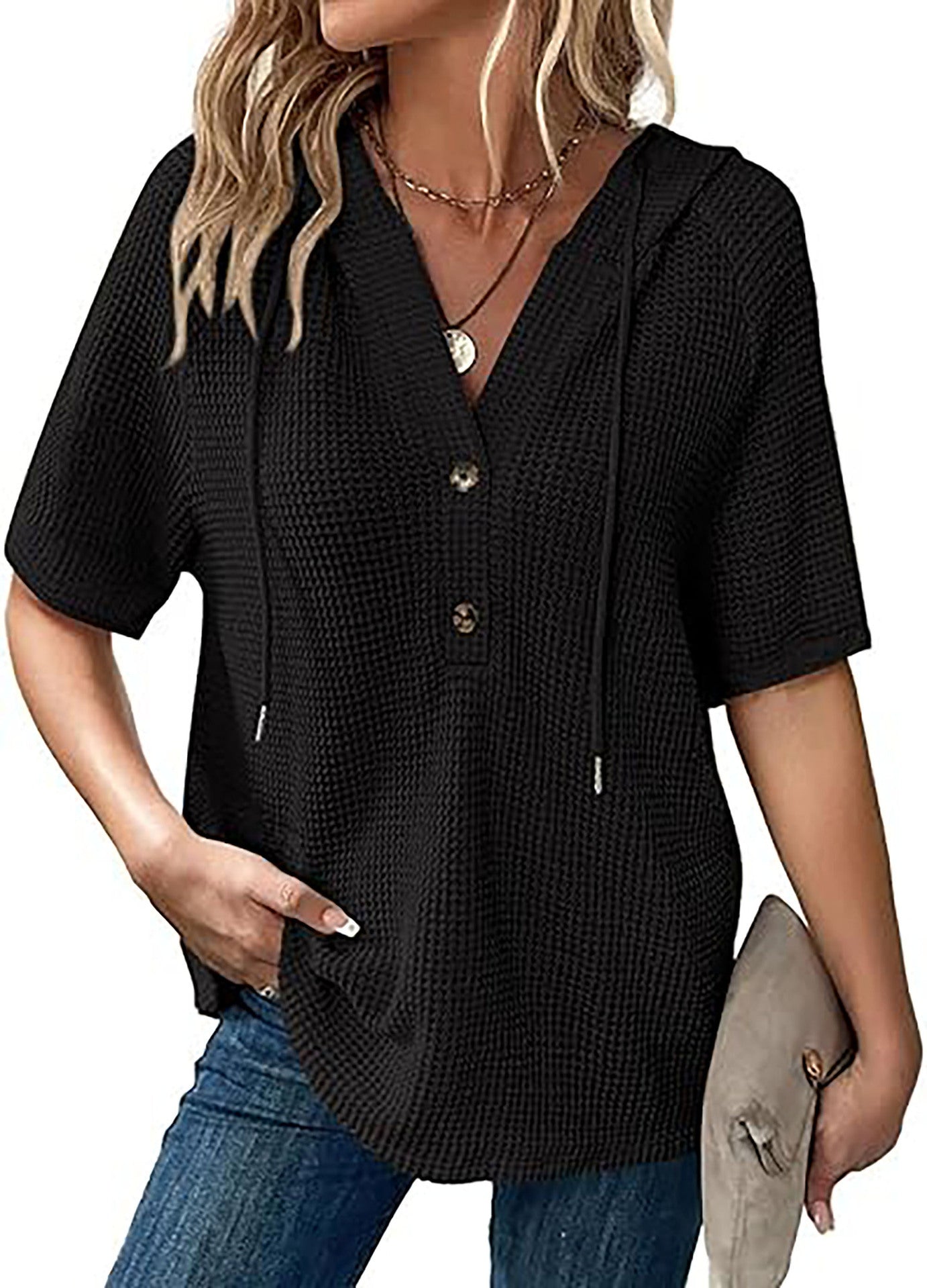 Women's Summer Waffle Knitted Short-sleeved Shirt Lightweight Drawstring Blouses
