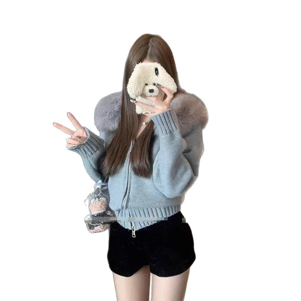 Women's Thickened Hooded Large Fur Collar Fashionable Women's Sweater