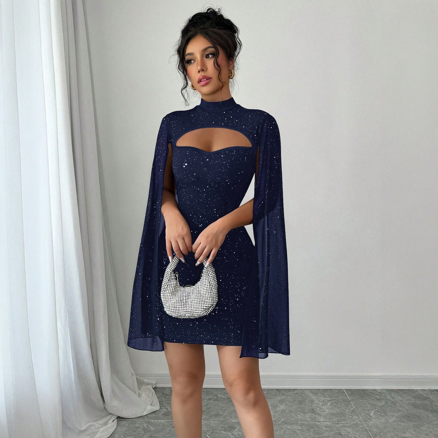Women's Round Neck Sunken Stripe Pearl Chiffon Dress