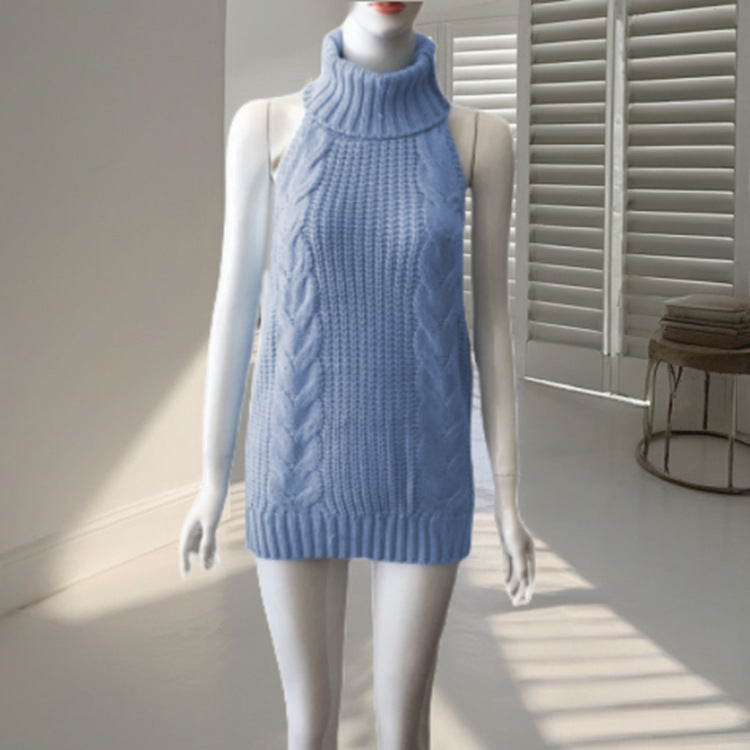 Spring Sexy Backless Turtleneck Sleeveless Knitted Pullover Women's Sweater