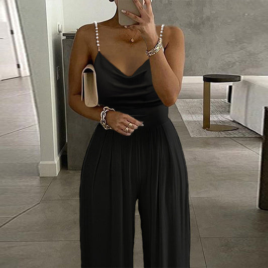 Pearl Suspender Wide Leg Sleeveless Backless Suits