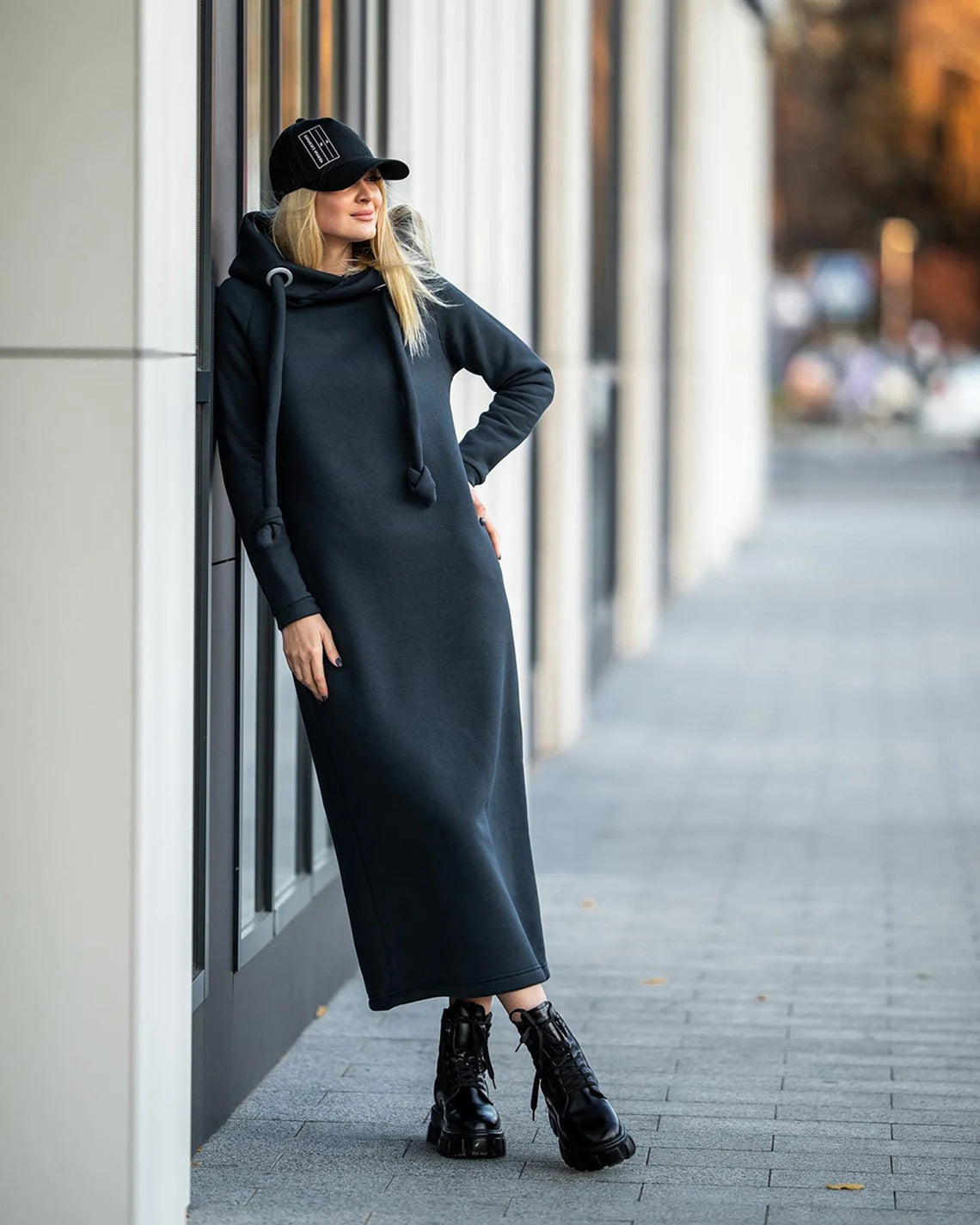 Oversized Knit Hooded Brushed Hoody Casual Fashion Stitching Dress