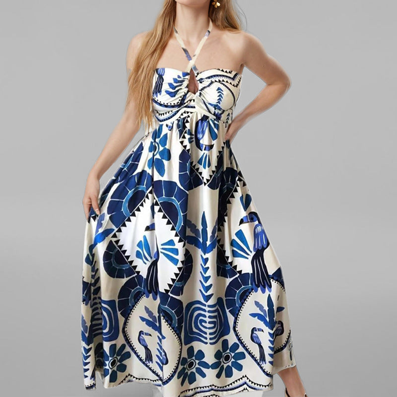 Women's Spring Elegant Printed Large Swing Halter Clothing