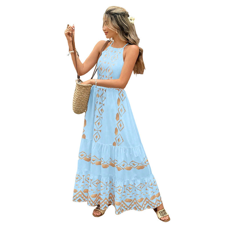 Embroidered Printed Sexy Suspender Elegant Seaside Dress