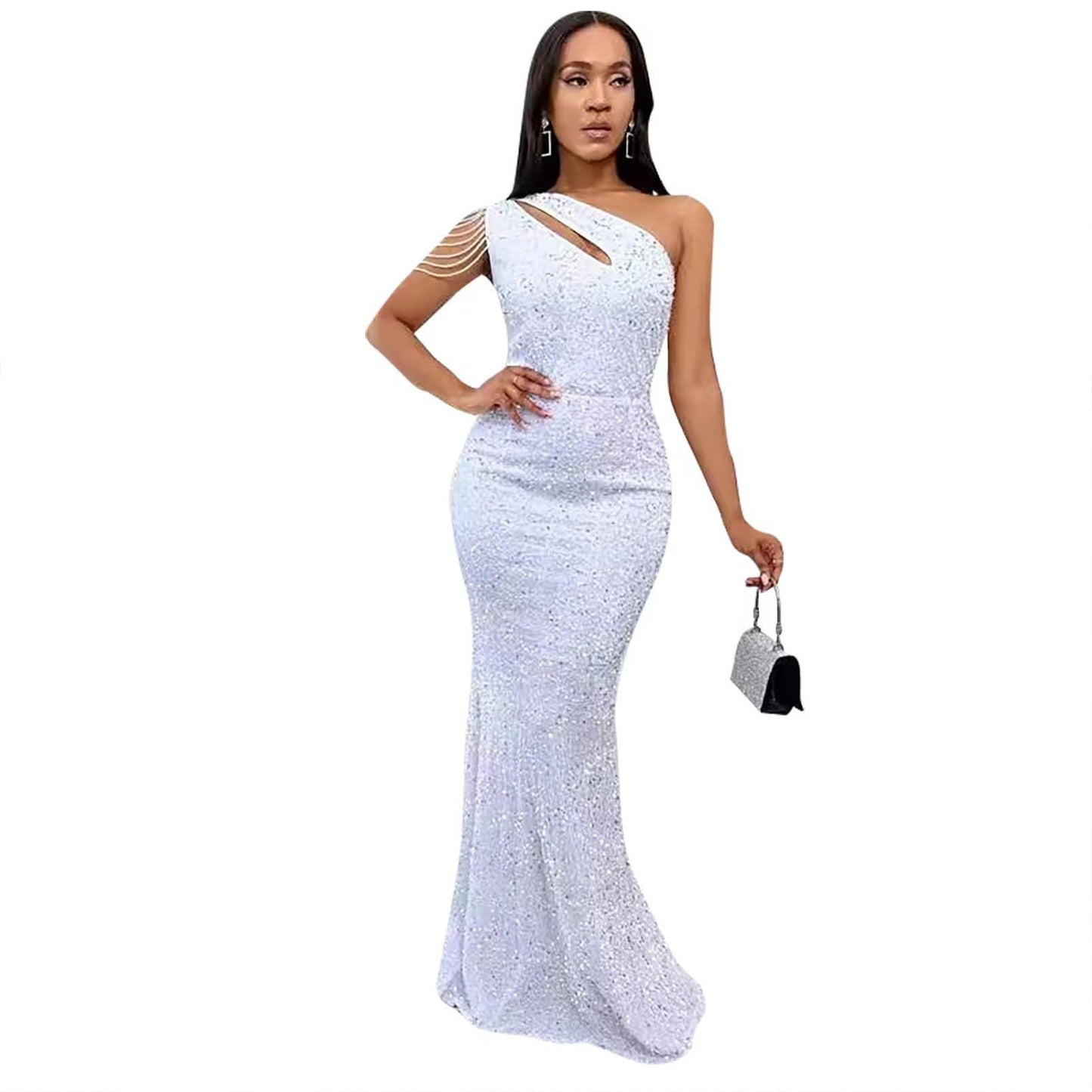 Fashion Sequin One Shoulder Solid Color Backless Fishtail Dresses