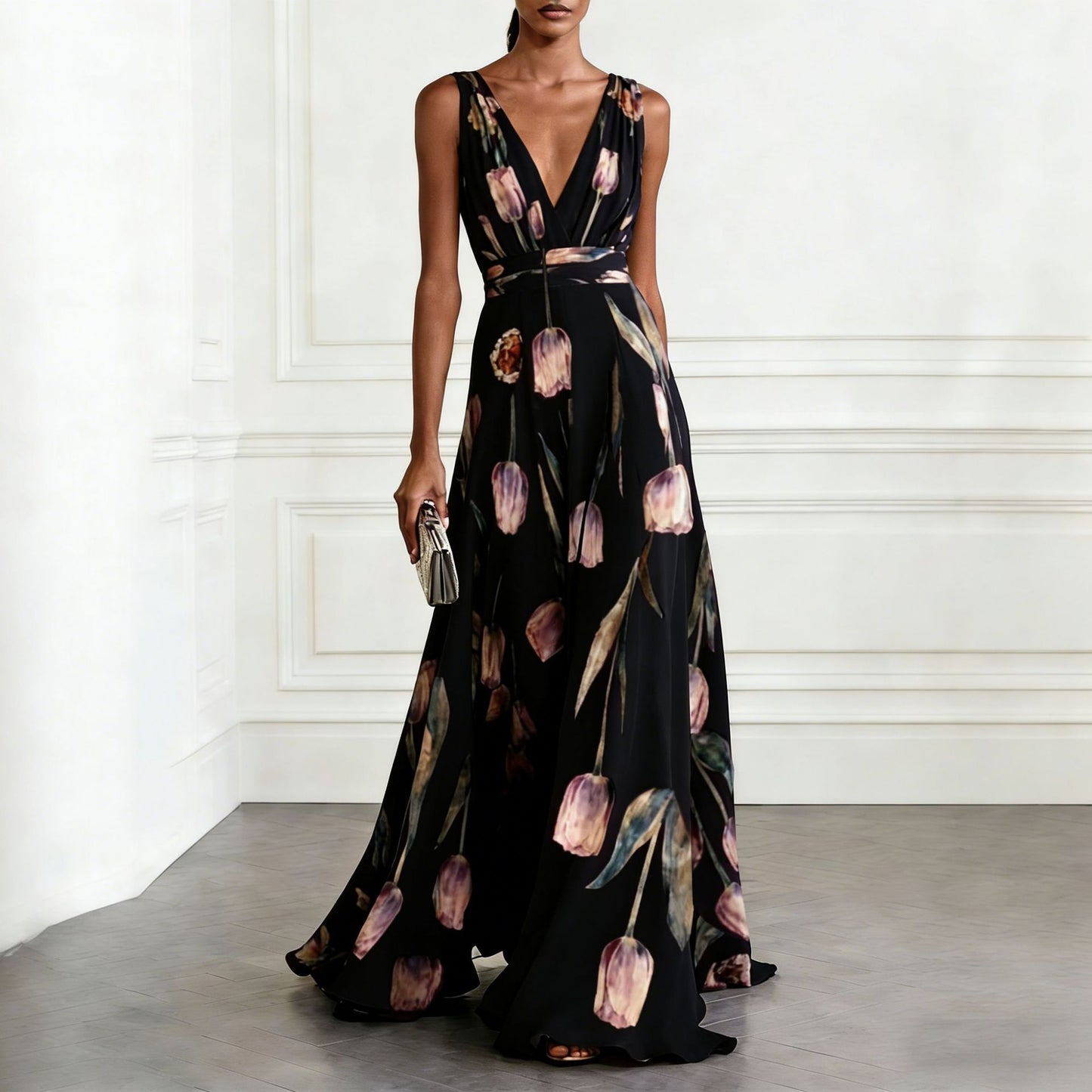 Women's Tulip Print Sleeveless Temperament Long Female Dress