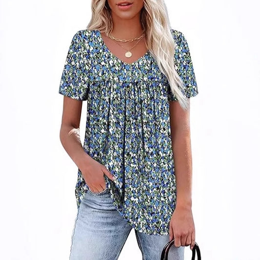 Women's Pleated Short-sleeved Printed T-shirt Casual Blouses