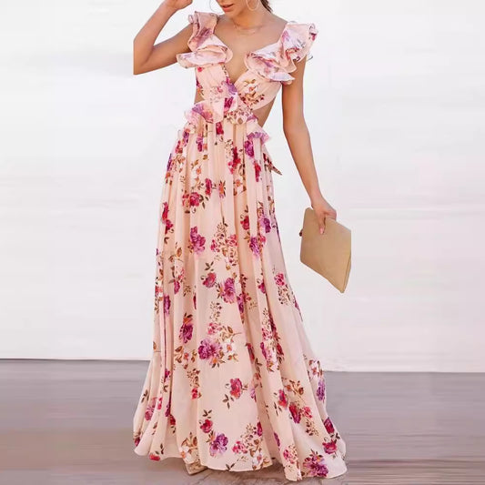 Women's Clothes Flower Print Stitching Backless Summer Dresses