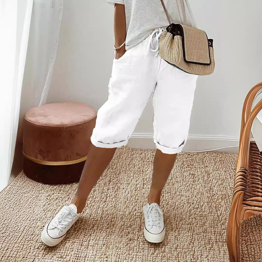 Women's Cotton Linen Pocket Slacks Five Pants