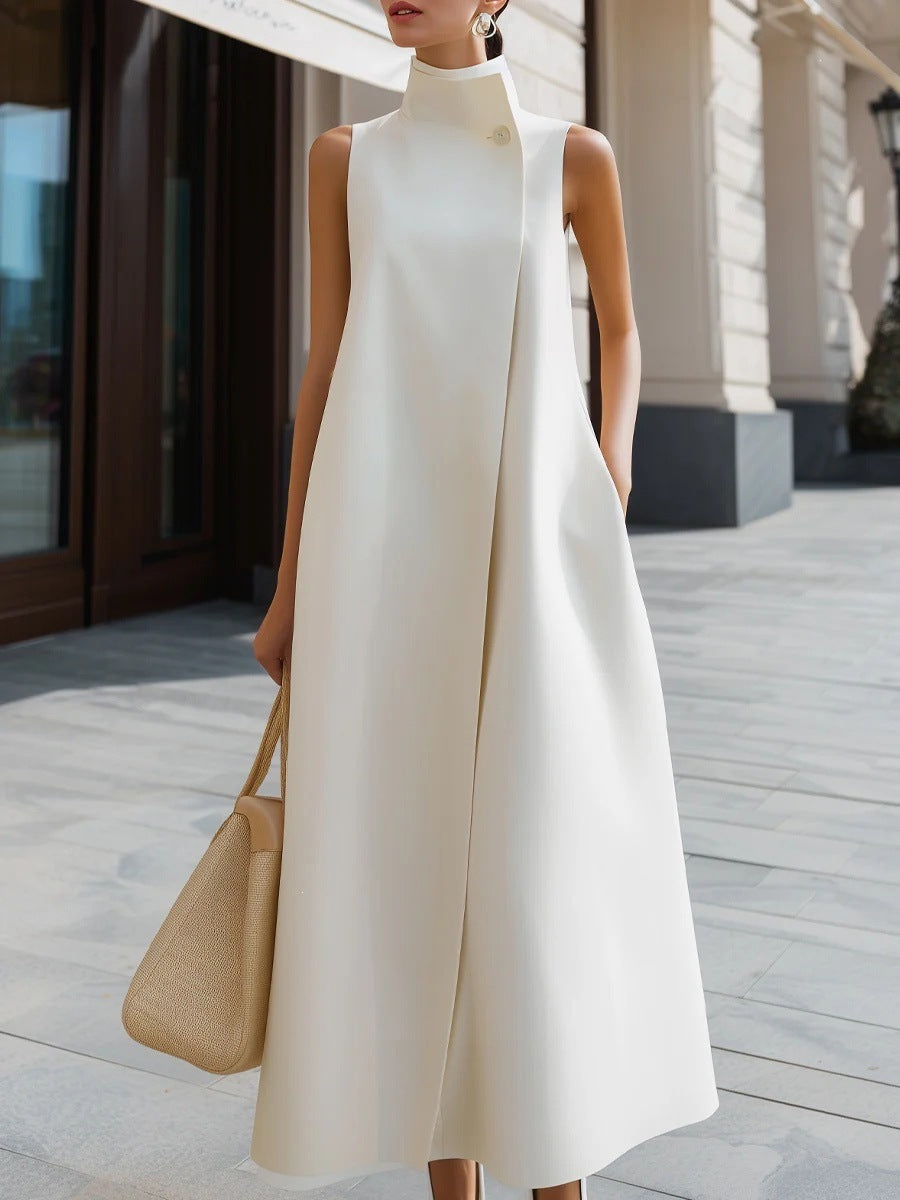 Elegant Commuter Stand Collar One Button Solid Color Dress