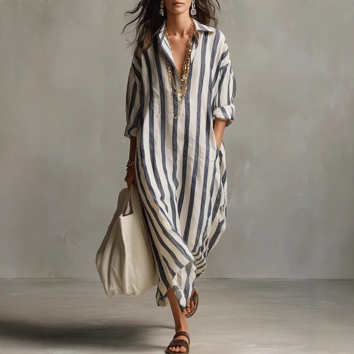 Women's Fashionable Loose Long Striped Summer Ninth Dress