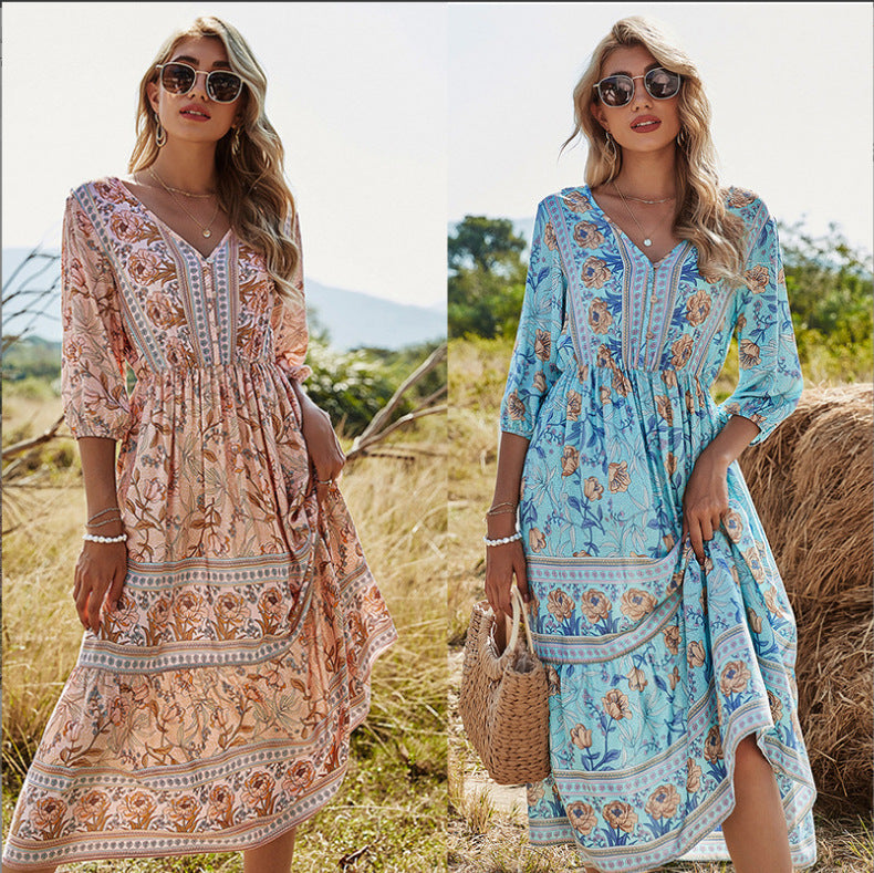 Women's Floral High Waist Bohemian Long A- Dress