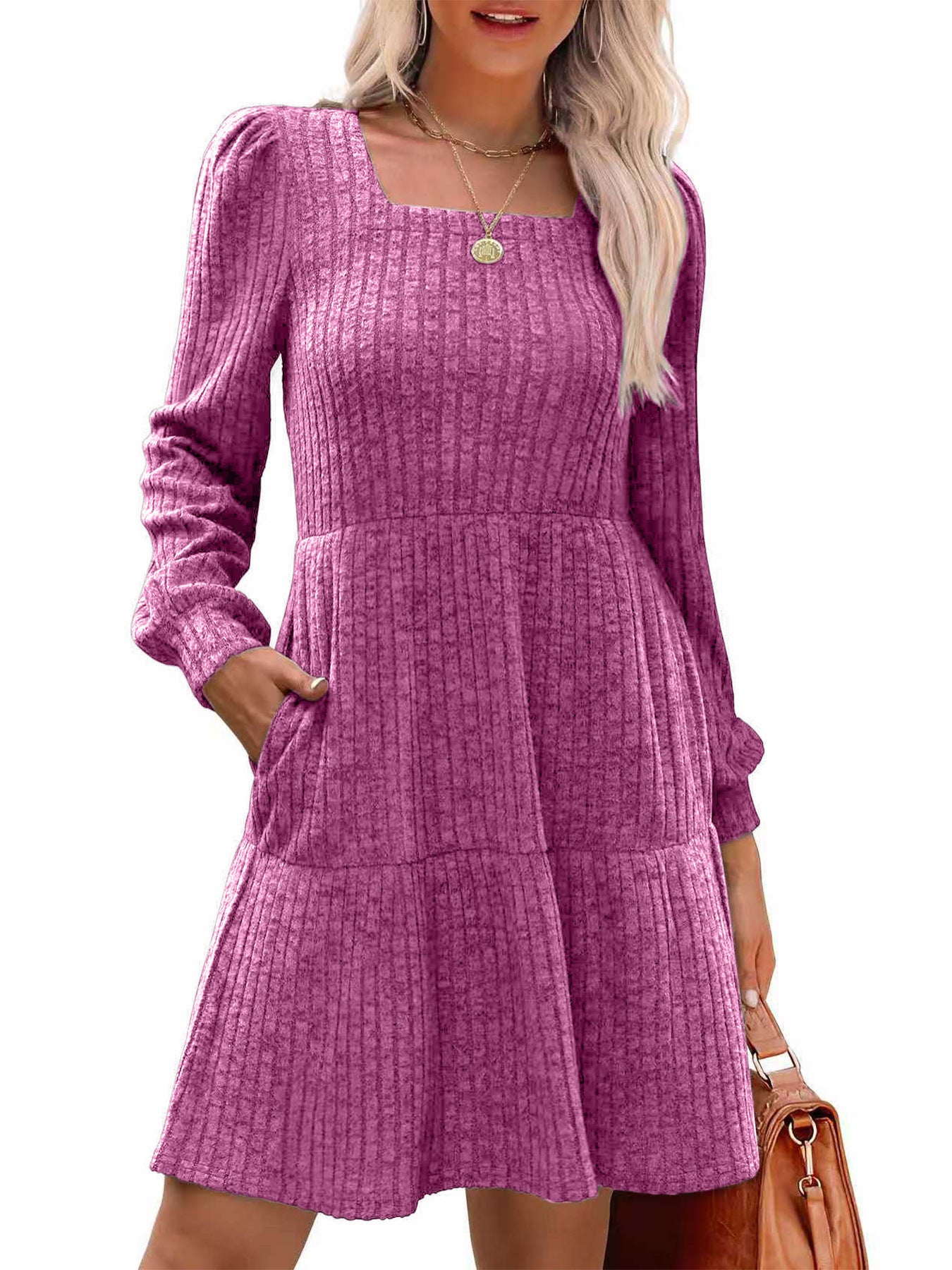 Square Collar Sunken Stripe Knitted Pocket Skirts