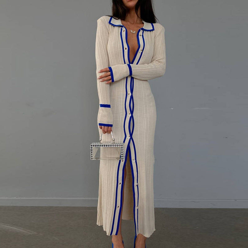 Women's Slim Fit Lapel Patchwork Long-sleeved Dress Dresses