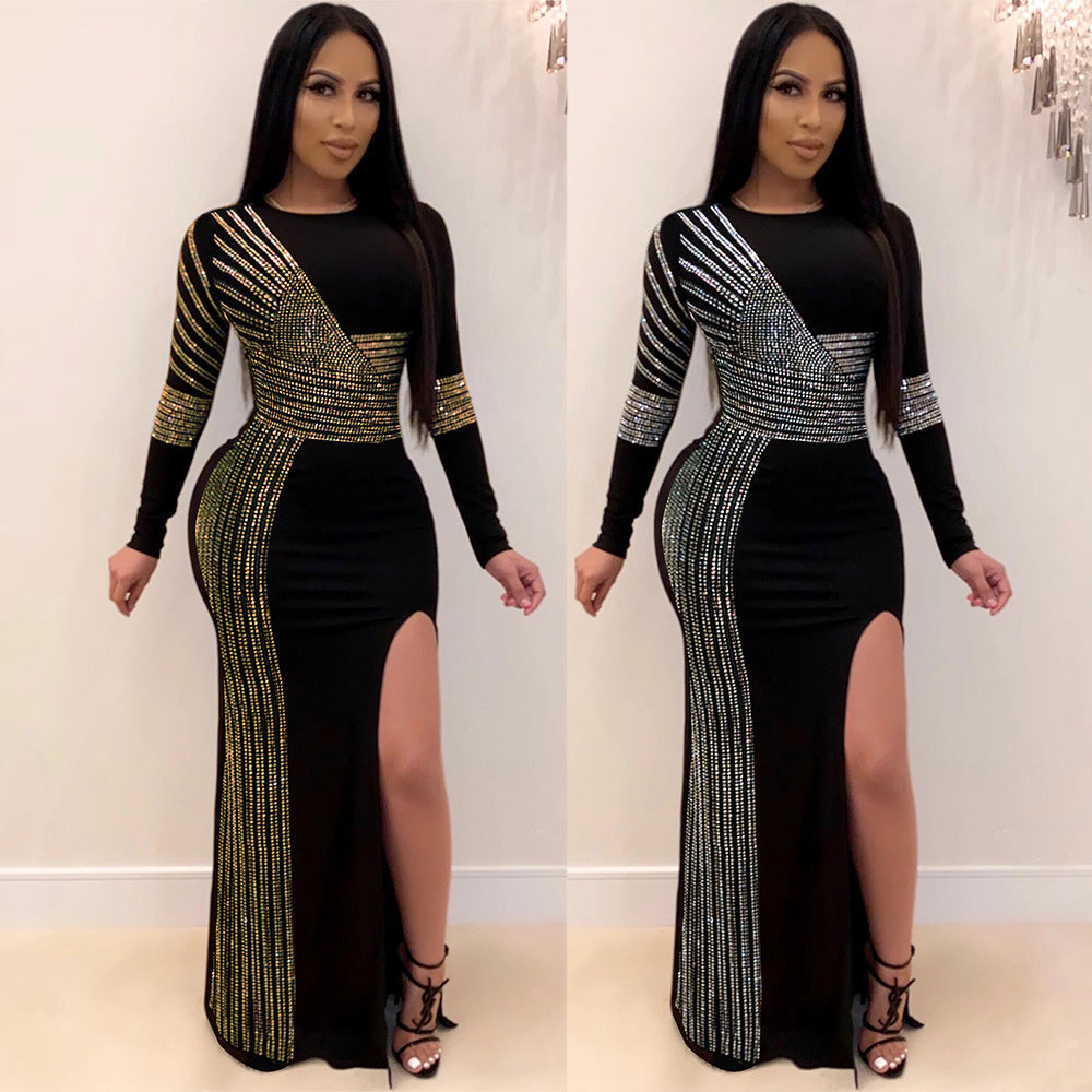 Sexy Rhinestone Crew Neck Split Long Uniform