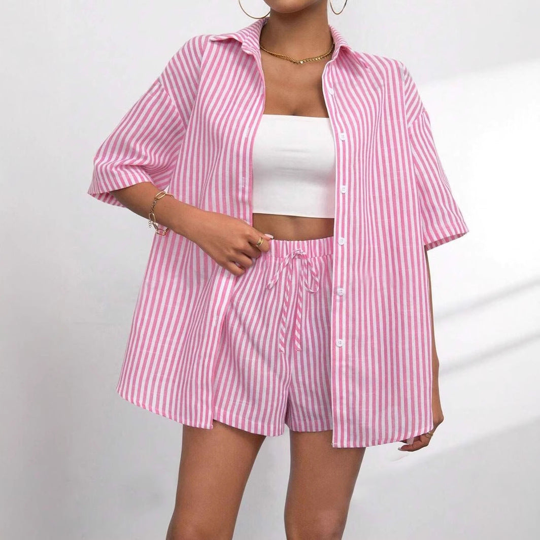 Lapel Casual Striped Sleeve Two-piece Set Pants