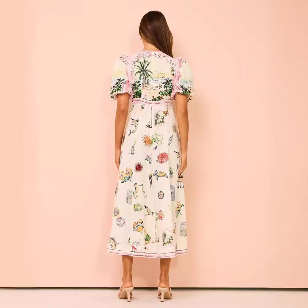 Printing Fashion Puff Sleeve Slim Fit Dresses