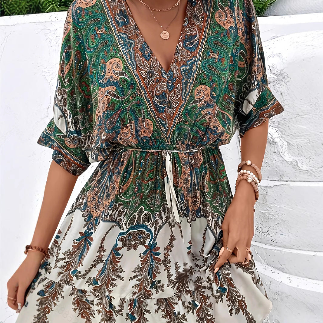 Retro Ethnic High Waist Big Swing Floral Bohemian Dress