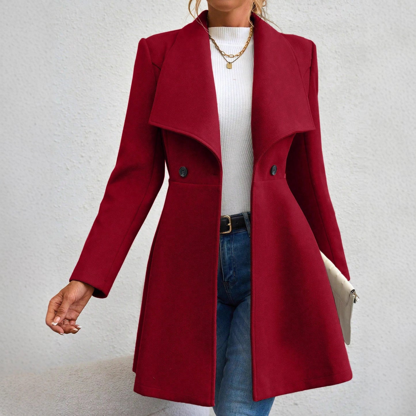 Women's Woolen Slim Fit Long Fashion Lapel Coats