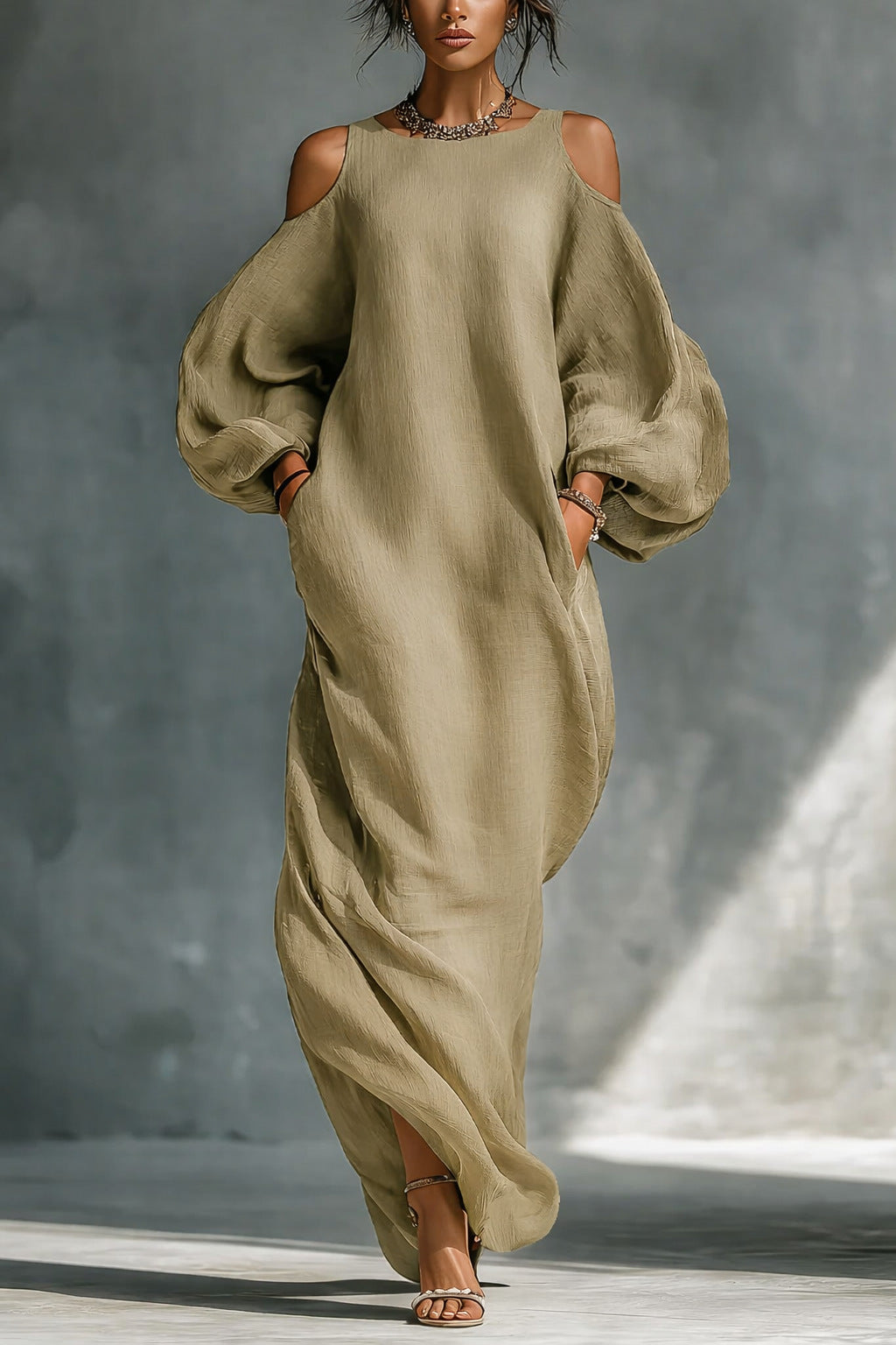 Women's Cotton Linen Casual Style Long Sleeve Dress