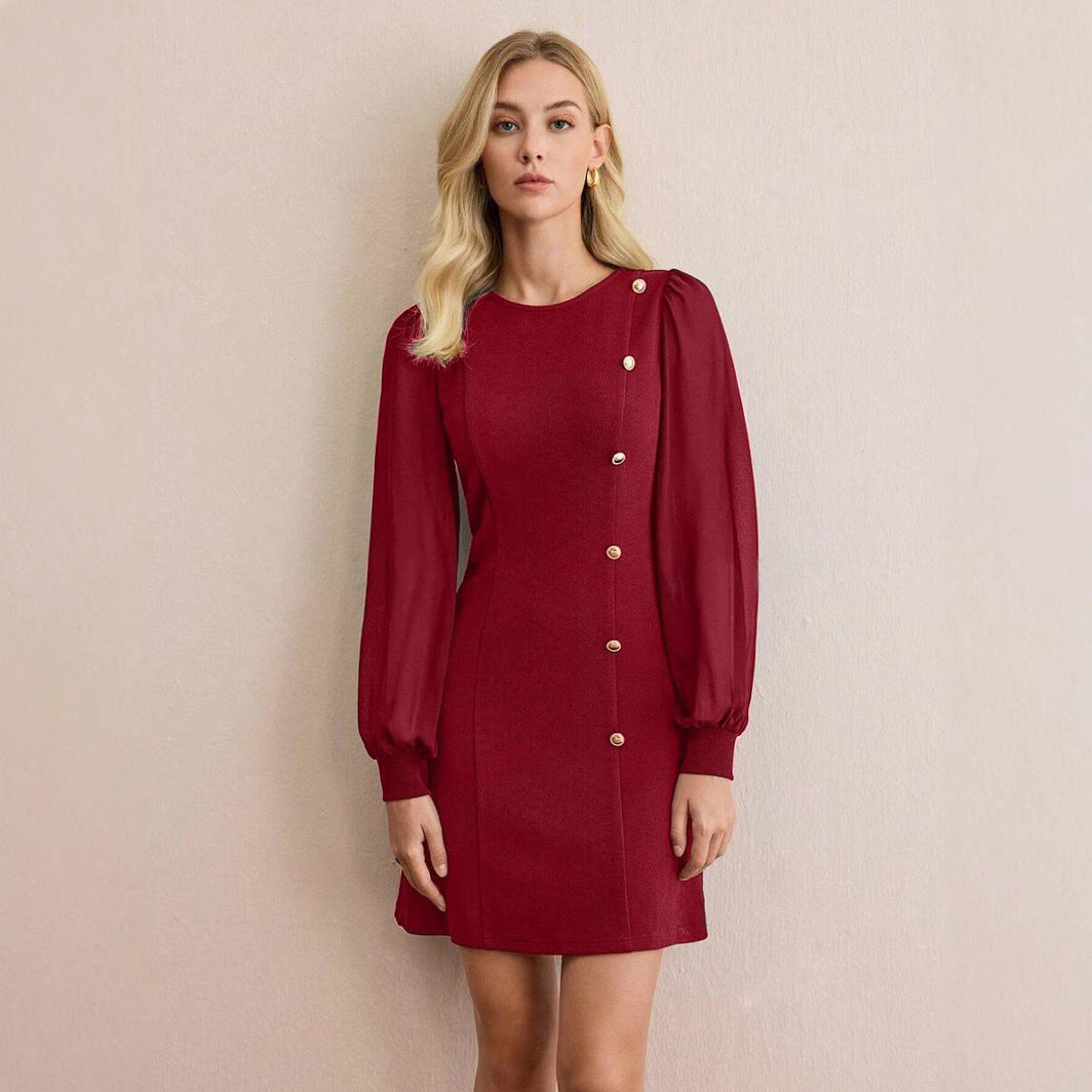 Women's Spring Round Neck Clinch Slimming Solid Dress