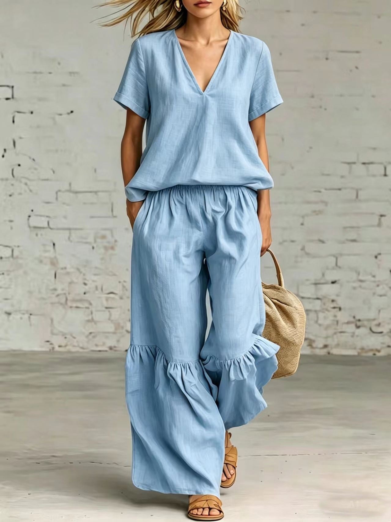 Women's Solid Color Loose Short-sleeved Trousers Two-piece Fashion Casual Suit