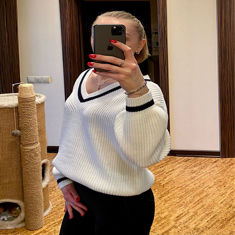 Women's Casual Patchwork Contrast Colors Slimming Loose Sweaters