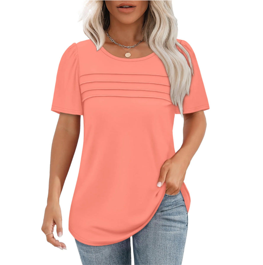 Women's Summer Round Neck Sleeve Chest Tuck Line Blouses