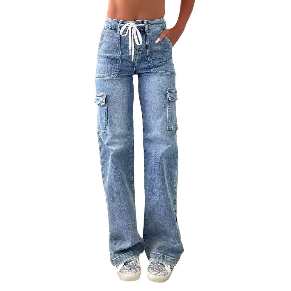 Women's Straight American Casual Lace Up Functional Jeans