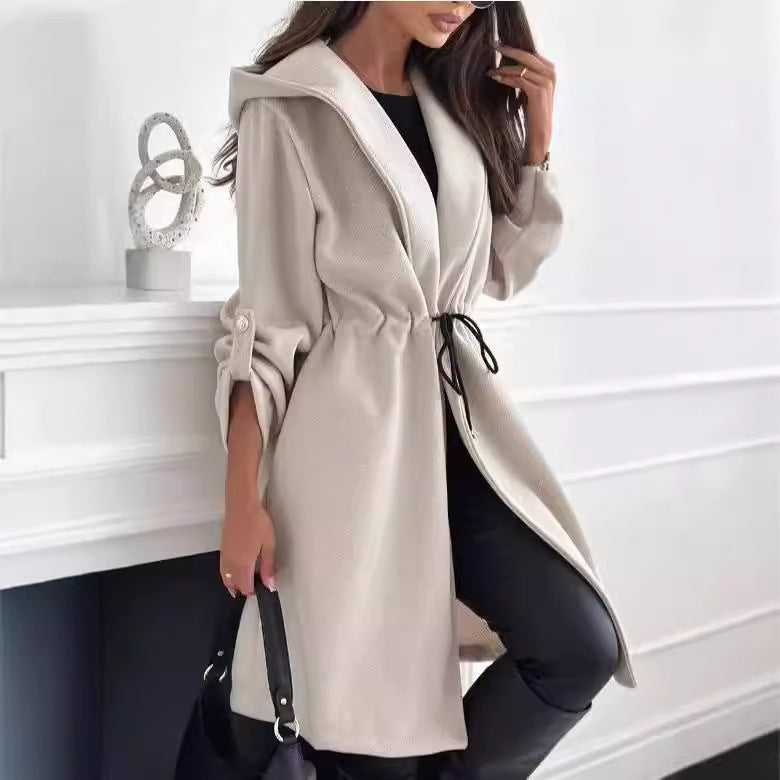 Women's Hooded Lapel Tied Casual Long Sleeve Coats