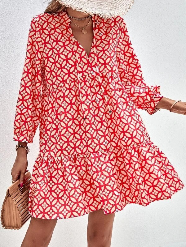 Fresh Printed Temperament Niche Floral Three-quarter Sleeve Dress