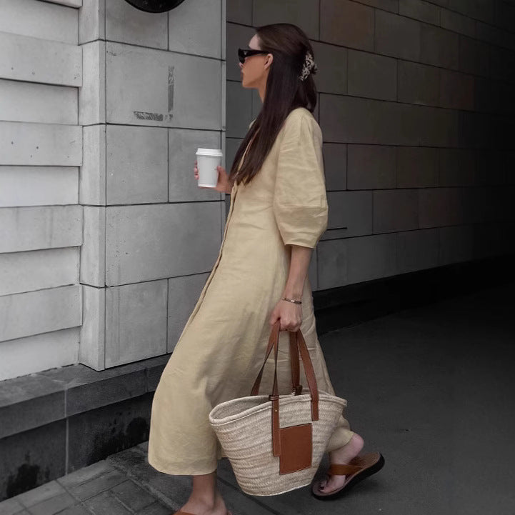 Women's Simple Casual Loose Cotton Linen Dress Autumn Puff Sleeve Dresses