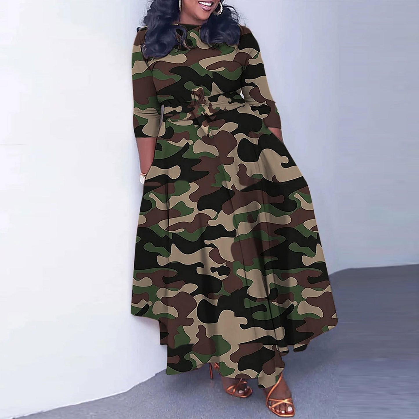 Slim Fit Camouflage Printed Large Waist Trimming Dresses