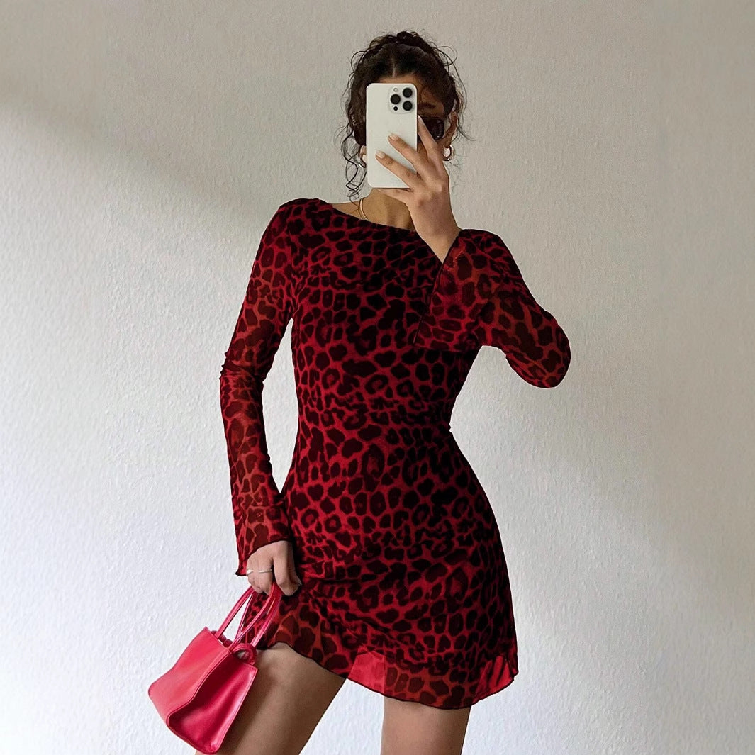 Sexy Backless Leopard Print Long Sleeve Dress