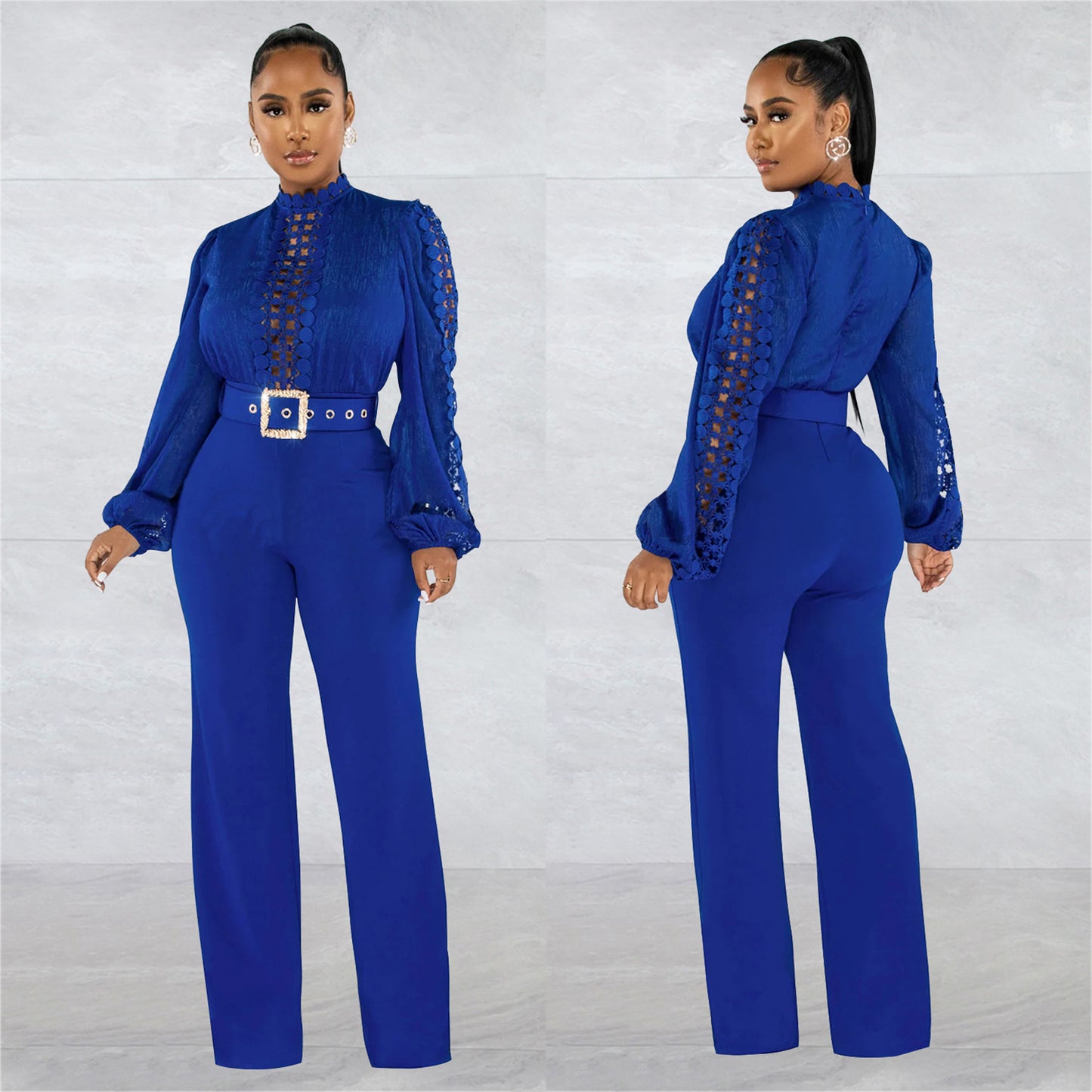 Women's Wear Belt Lace Cutout Solid Color Suits