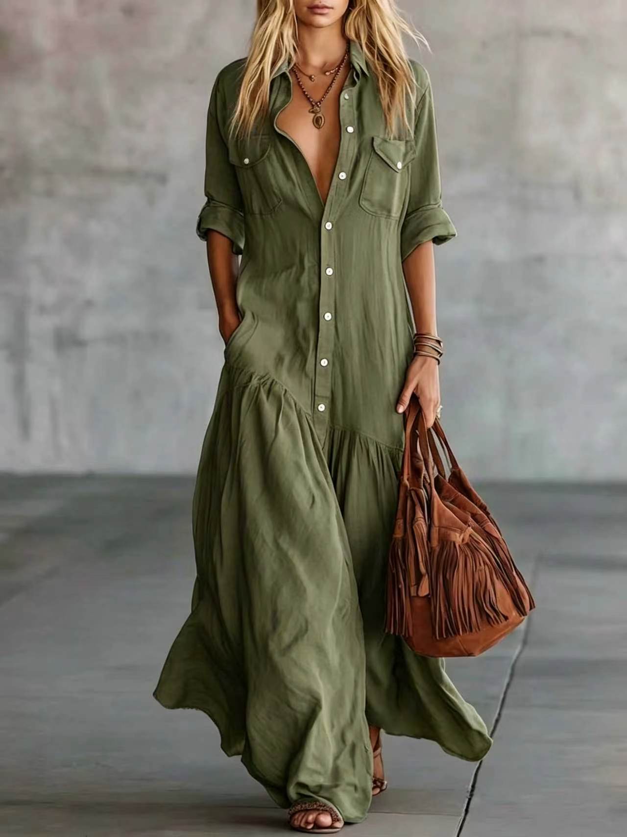 Women's Breasted Sleeve Casual Vacation Style Solid Color Dress
