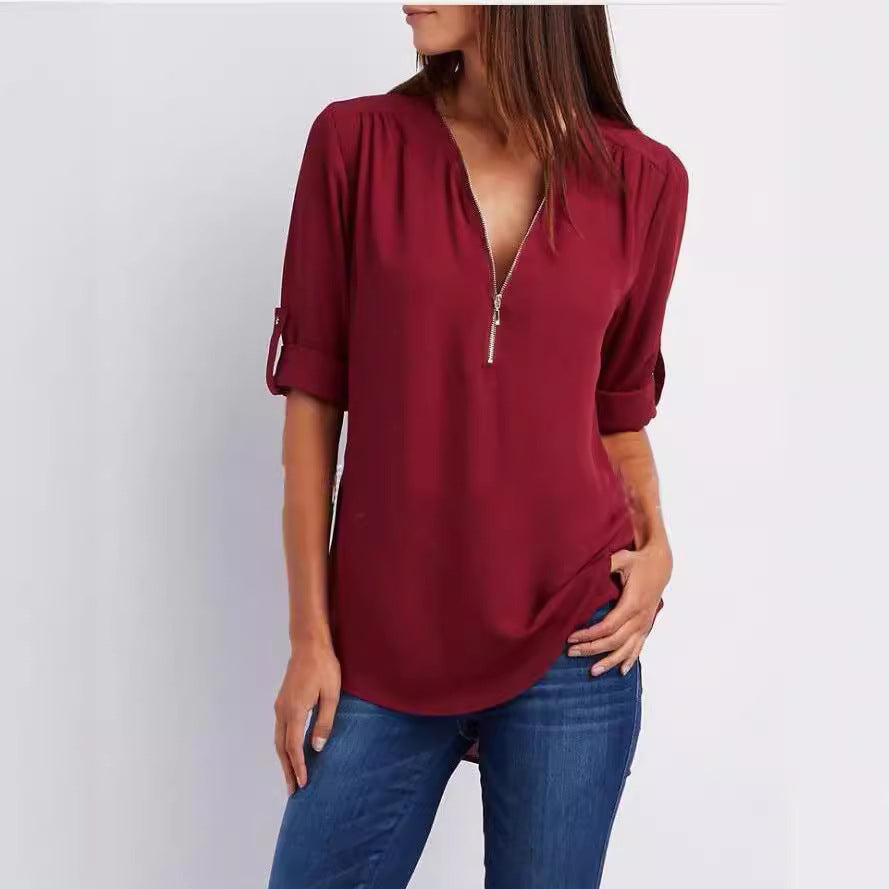Women's Long Sleeve Rollable Sleeves Loose Chiffon Blouses
