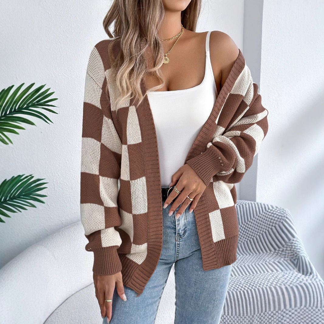 Versatile Women's Check Lantern Sleeve Mid-length Sweaters
