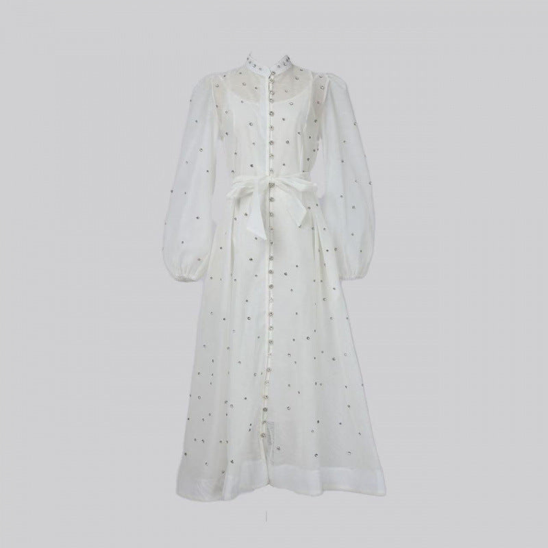 Women's Vintage Court Style Printed Lantern Sleeve Single-breasted Lace Dresses