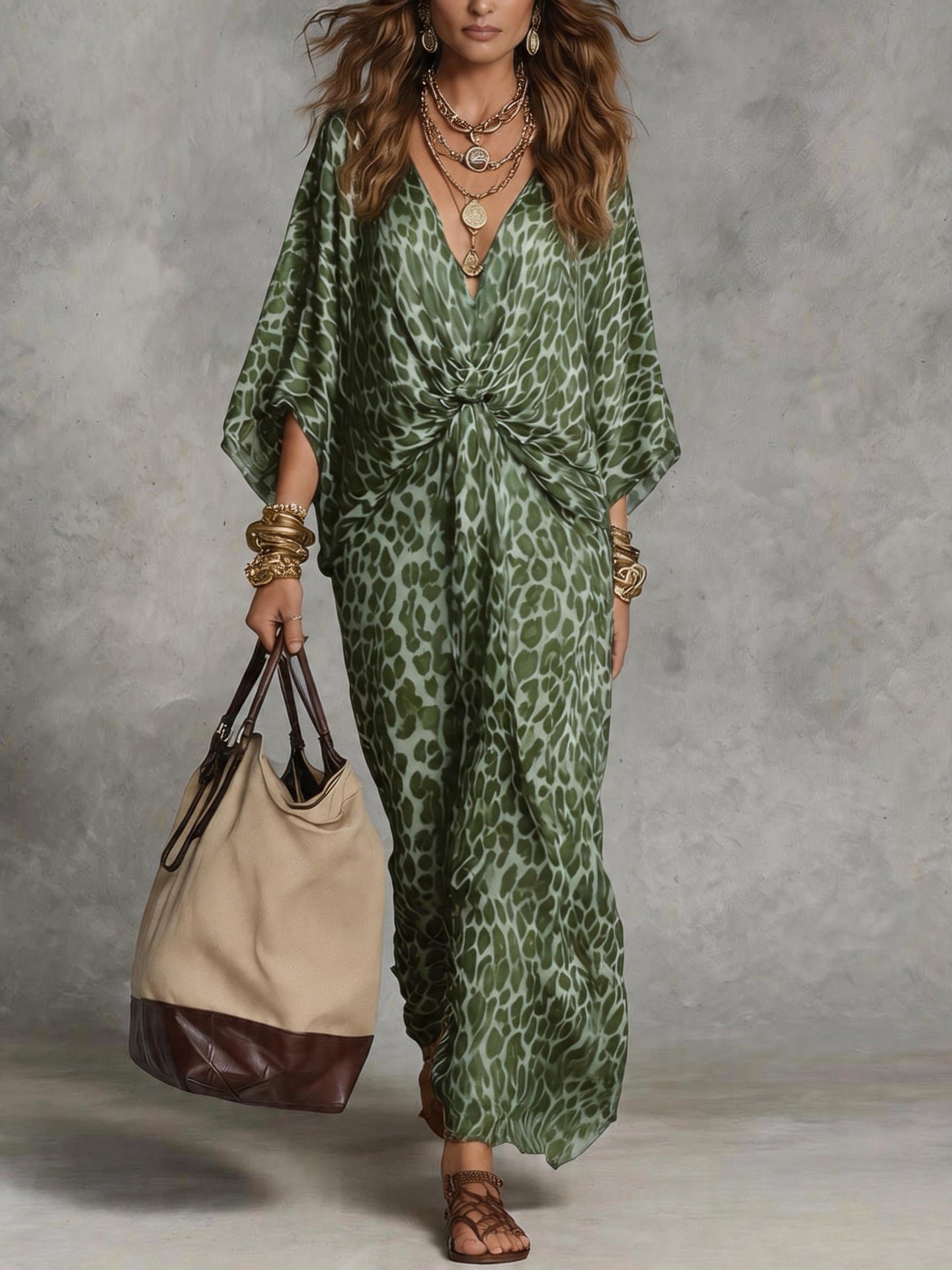 Classy Leopard Print Cinched Maxi Ladies Dress