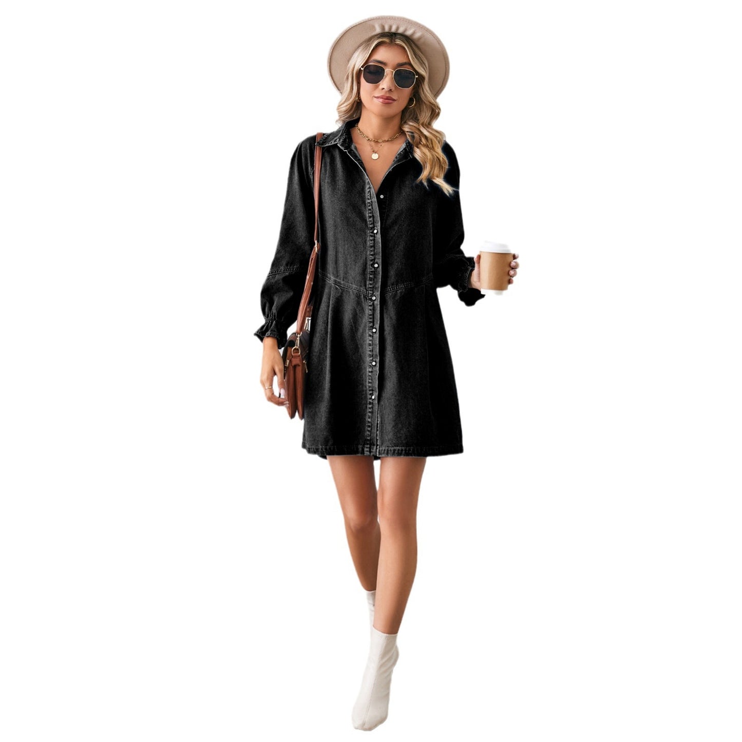 Women's Loose Washed-out Long Sleeve Stitching Denim Dresses